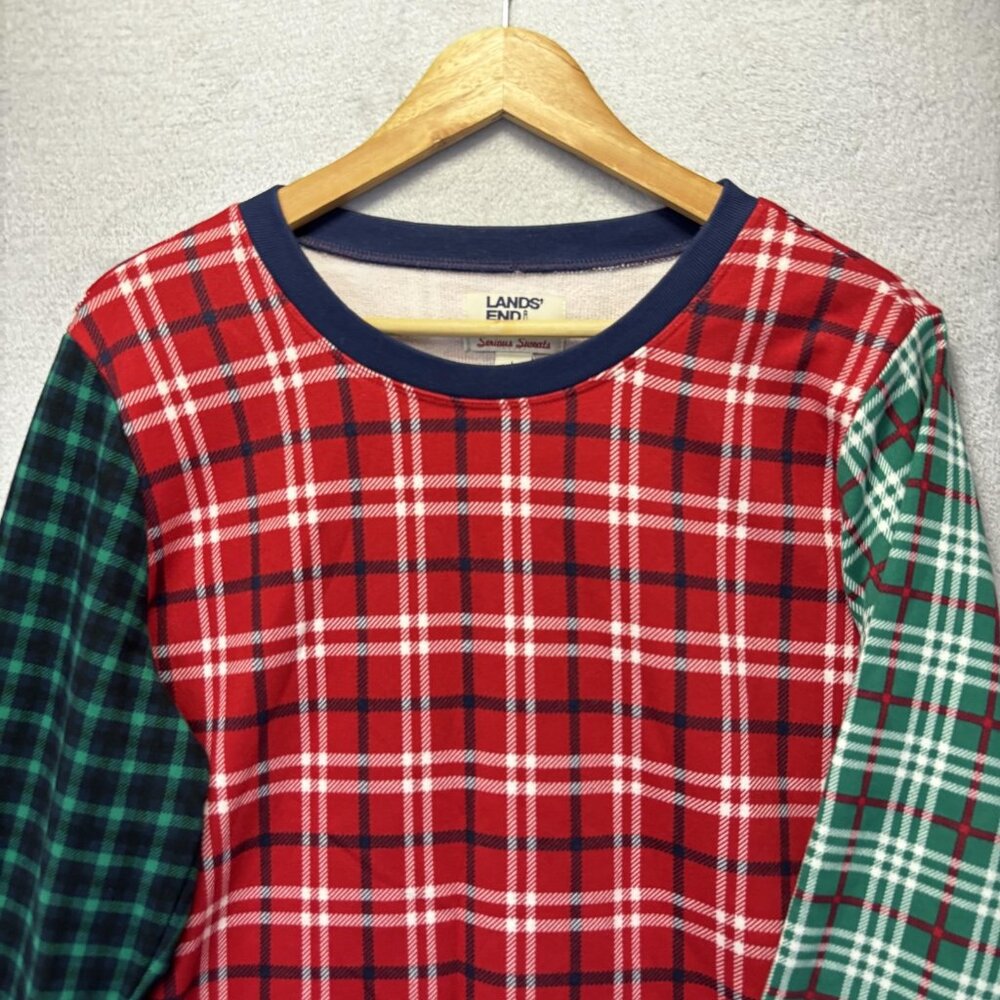 Lands End Serious Sweats Sweatshirt Womens Large Red Green Plaid Holiday Casual - Picture 2 of 14